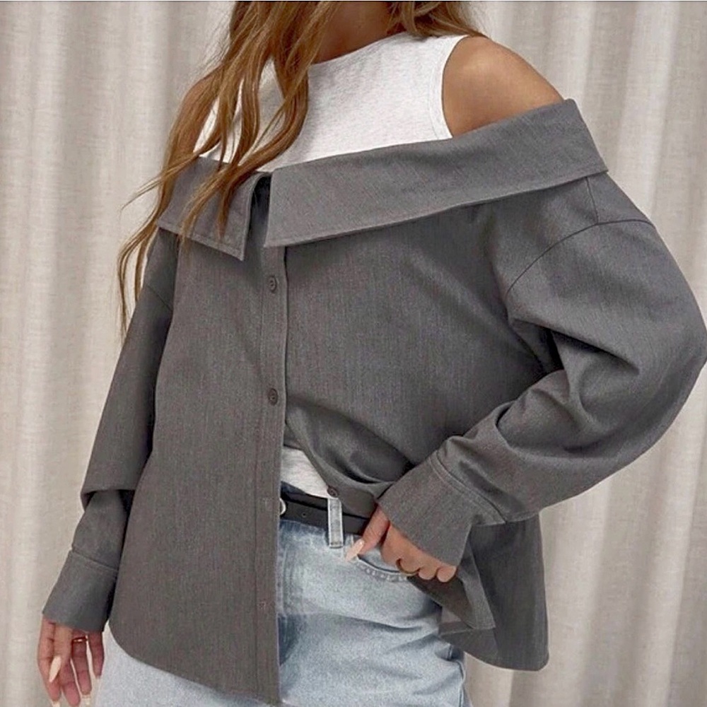 Off-the-Shoulder Oversized Button-Down Shirt